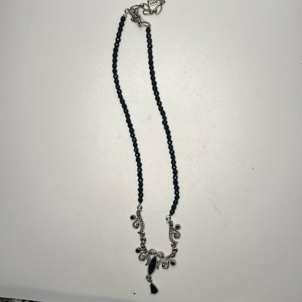 1928 black beaded necklace with Marcasite & black stone pendant